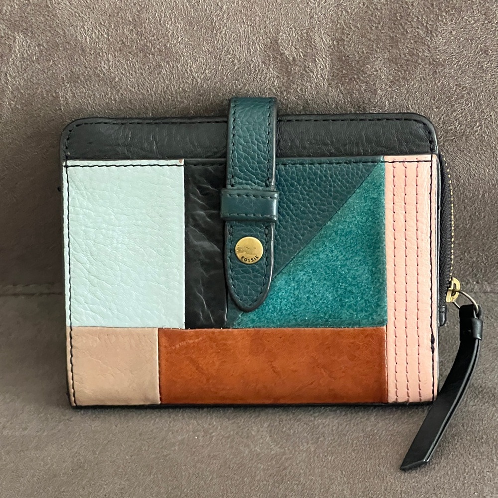 Fossil Women's Patchwork Bigold Wallet in Black, Teal, Pink, and Brown